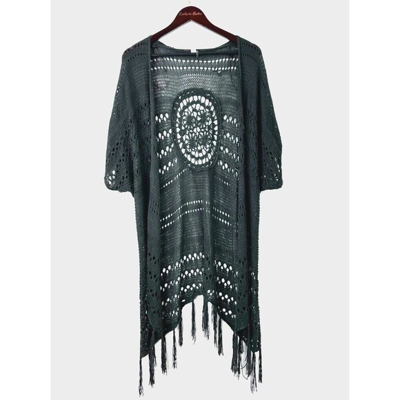 L Love Sweaters - Womens Sleeveless Long Crochet Shawl Open Cardigan Cover Up Fringe Gray Sz S